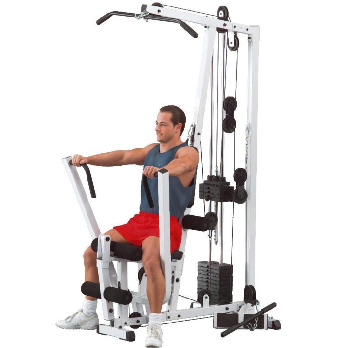 The Body Solid EXM1500S provides a number of workout stations, including one for chest press and one for seated rows