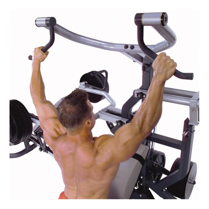 The lat pulldown station can also be used for preacher curls and even tricep pushdowns, with various attachment options