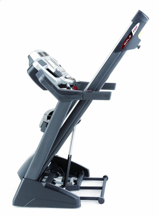 The Sole Fitness F80 includes a patented safety lock system to secure the foldable running deck in an upright position