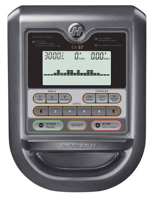 The display console includes a tablet shelf, quick-select resistance, and large LCD screen