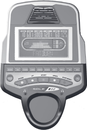 The display console for the R92 includes a range of quick-select workout program buttons and large, backlit screen