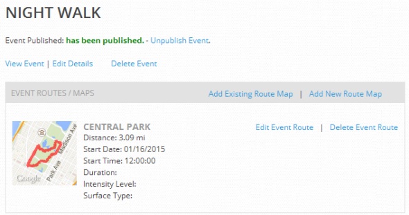 Events are initially created as drafts, allowing you to check details and add a map of the route