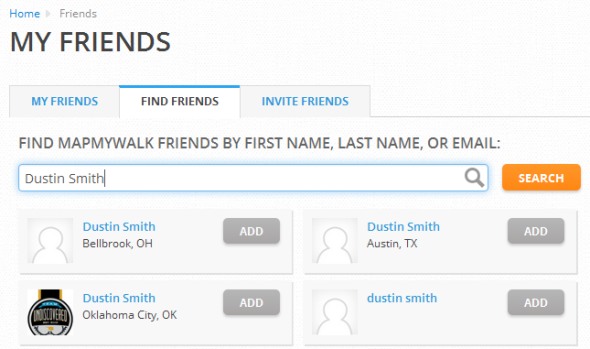 Finding friends on MapMyWalk using the search feature