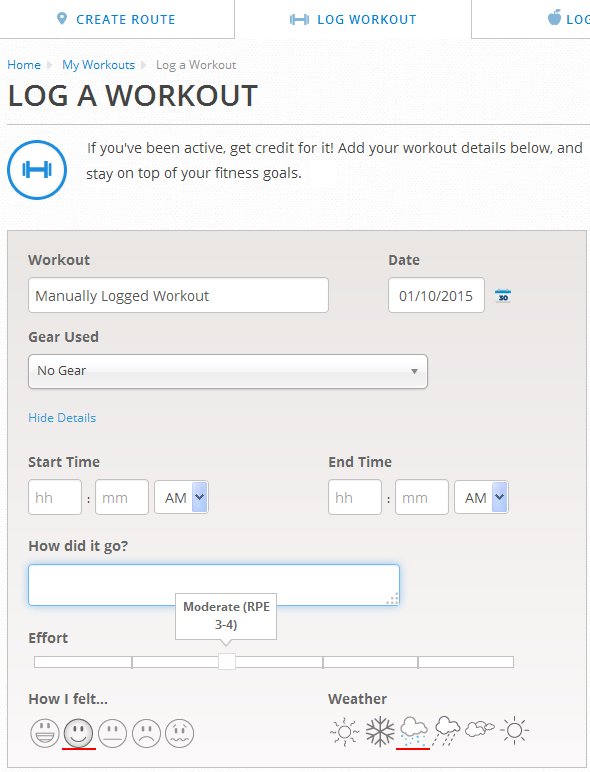 Manually logging a workout also allows you to specify difficulty level, as well as your mood and weather conditions