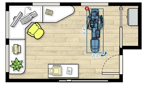 Floor plan of the EFX 225 Elliptical in a home office measuring 18'W x 11'D