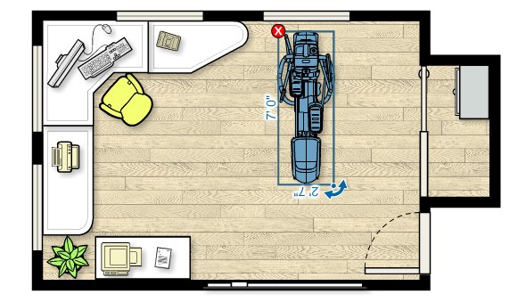 Floor plan of the EFX 425 Elliptical in a home office measuring 18'W x 13'D