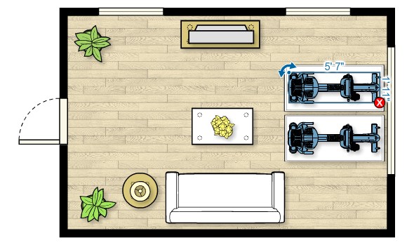 Floor plan of the RBK 815 Upright Bike in a living room measuring 20'W x 13'D