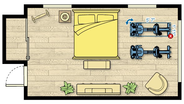 Floor plan of the RBK 835 Recumbent Bike in a bedroom measuring 21'W x 12'D