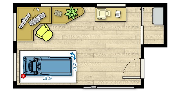 Floor plan of the TRM 211 Treadmill in a home office measuring 18'W x 11'D