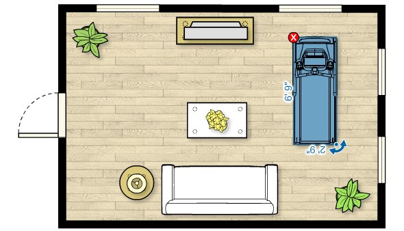 Floor plan of the TRM 223 Treadmill in a living room measuring 20'W x 13'D