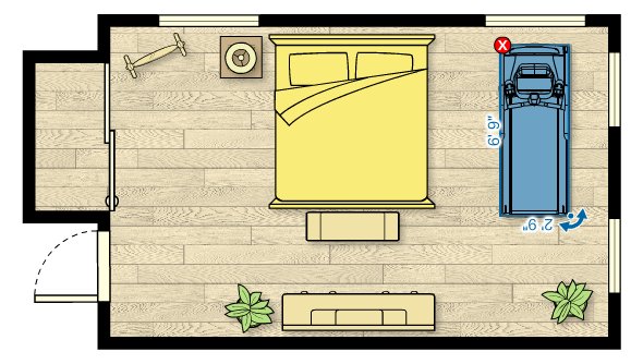 Floor plan of the TRM 243 Treadmill in a bedroom measuring 20'W x 12'D