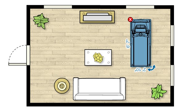 Floor plan of the TRM 425 Treadmill in a living room measuring 20'W x 13'D