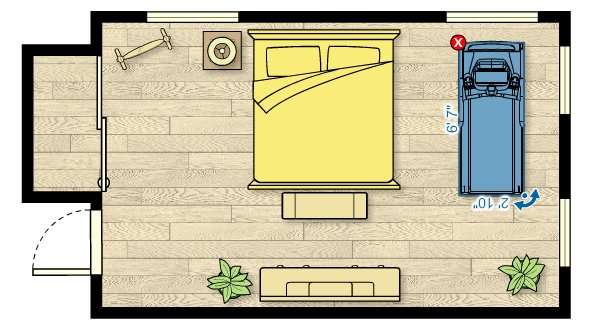 Floor plan of the TRM 445 Treadmill in a bedroom measuring 20'W x 12'D