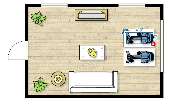 Floor plan of the UBK 815 Upright Bike in a living room measuring 20'W x 11'D