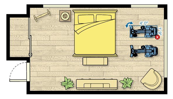 Floor plan of the UBK 835 Upright Bike in a bedroom measuring 20'W x 12'D