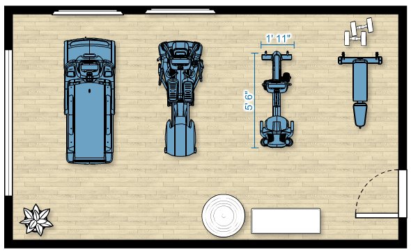 Floor plan of the RBK 615 Recumbent Bike in a home gym measuring 22'L x 13'D