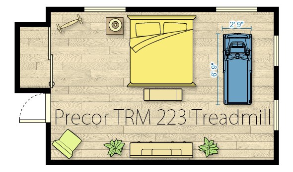 A sample floor plan using the Precor Space Planner tool, showing the TRM 223 treadmill