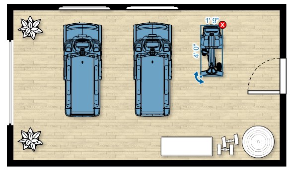 Floor plan of the UBK 615 Upright Bike in a home gym measuring 20'W x 12'D
