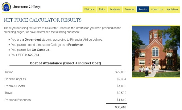 Limestone's Net Price Calculator will help determine the overall cost of your attendance