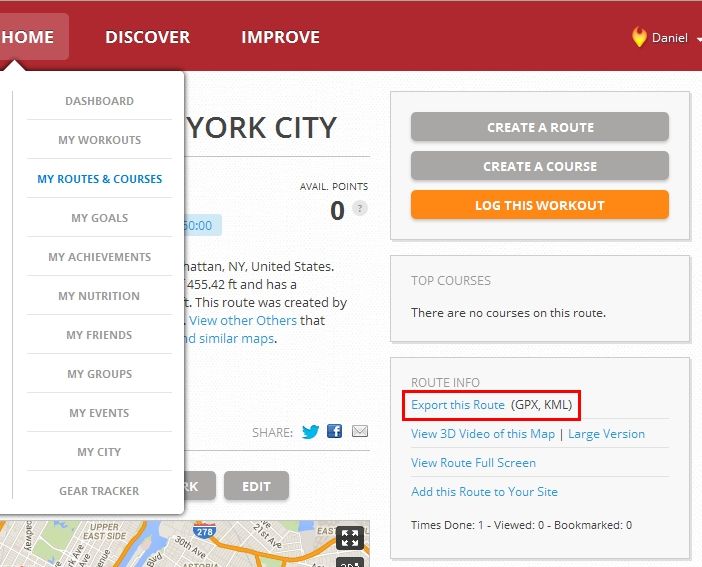 Each route and course can be exported to a GPX or KML file
