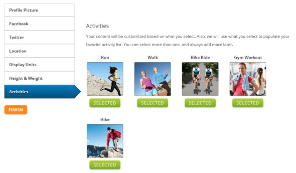 MapMyFitness apps allow you to select your favourite fitness activities when creating your profile