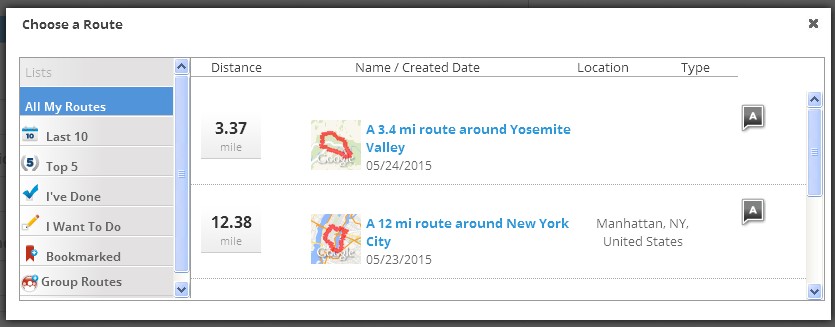 When logging a workout you can choose from a history of saved routes