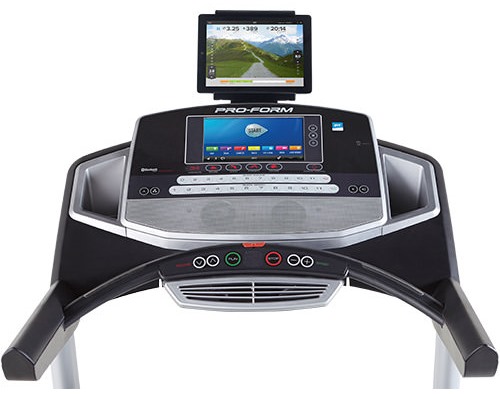The Premier 1300 treadmill console features a 10-inch full-color web enabled touchscreen display
