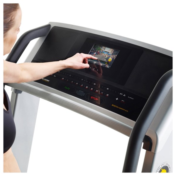 The Boston Marathon 3.0 treadmill console features a viewing screen for displaying the Boston Marathon course route video