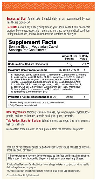 NatureWise Maximum Care Probiotic Ingredients