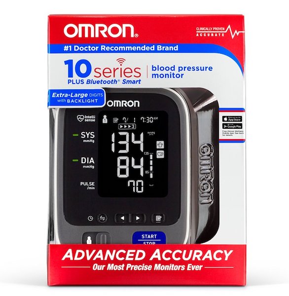 The Omron 10 Series Upper Arm BPM is supplied with the monitor, cuff, batteries, ac adapter, and instruction manual