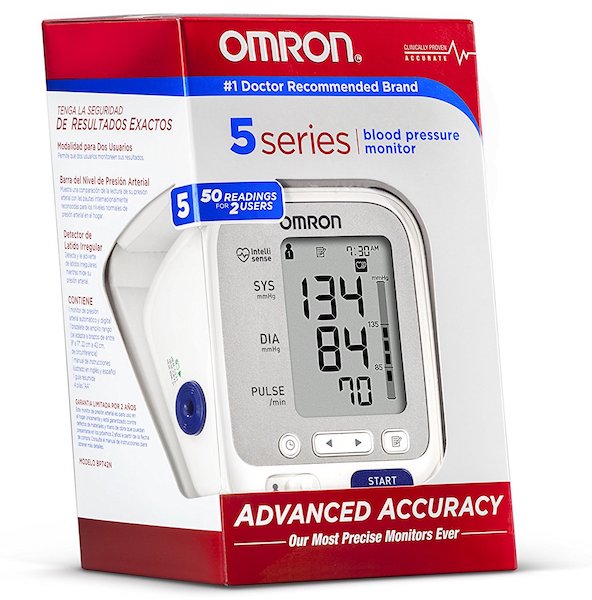 The Omron 5 Series Upper Arm BPM contains the cuff, monitor, instruction manual, and AA batteries