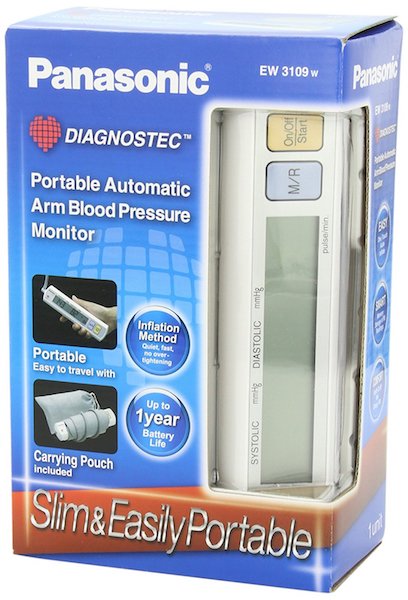 The Panasonic EW3109 includes the blood pressure monitor, pressure cuff, storage pouch, manual, and AC adapter