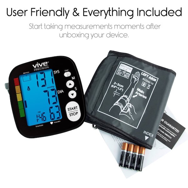 The Vive Precision BPM is supplied with the blood pressure monitor, arm cuff, and set of 4 x AAA batteries