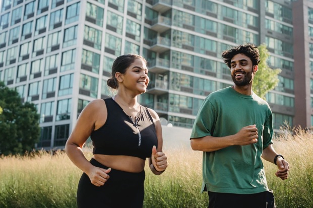 Male and female friends running together