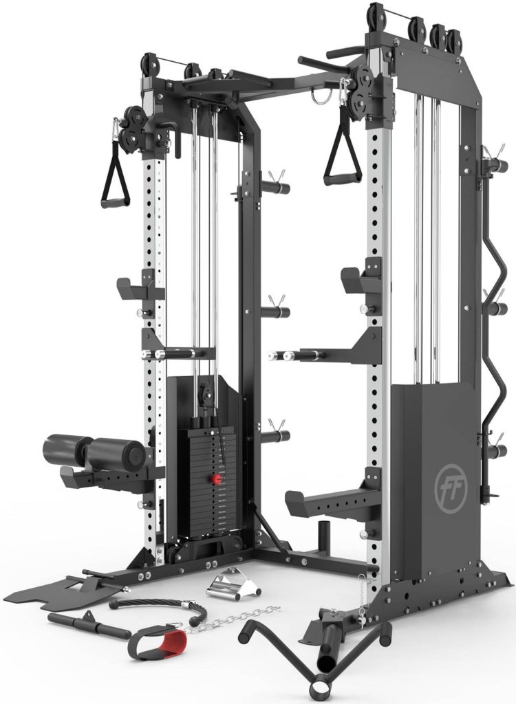 French Fitness SRFT8 Squat Rack Functional Trainer with attachments on the floor