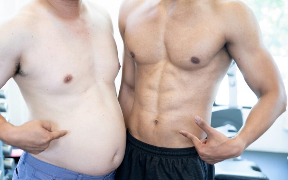 comparison of skinny fat man and ripped man stomach